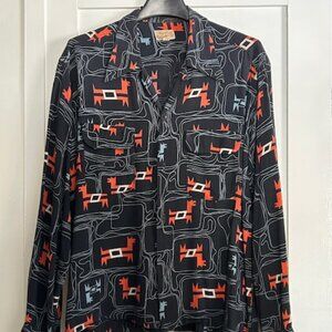 Vintage 1950's Abstract Dog Pattern Print Mens Gabardine Shirt
